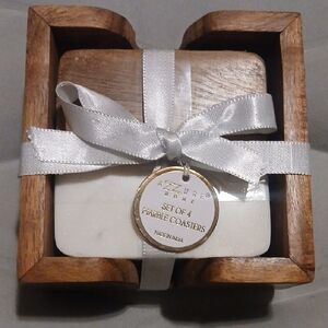 Marble Coaster Set with Wooden Holder - White with Gold Tag